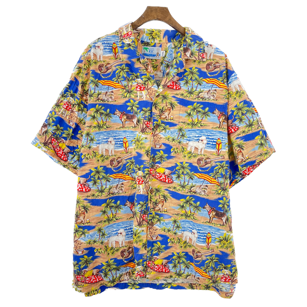 Vintage Hawaiian Tropical Beach Print Collar Button Shirt Made in USA Size 2XL