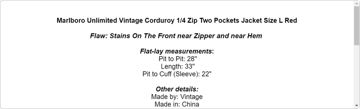 Marlboro Unlimited Vintage Corduroy 1/4 Zip Two Pockets Jacket Size L Red