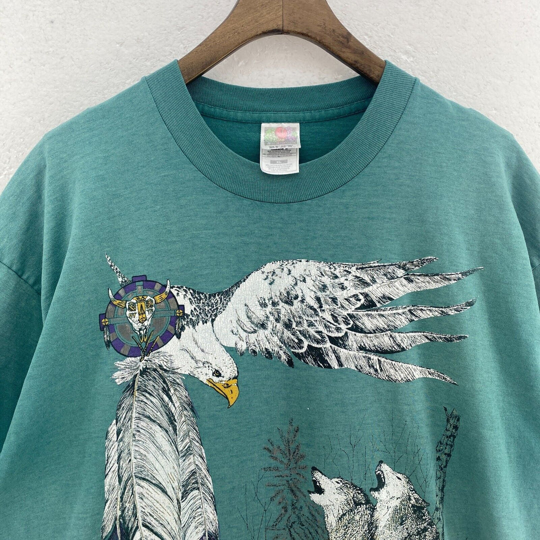 Vintage Eagle Wolves Wild Life Green T-shirt Size XL Tee