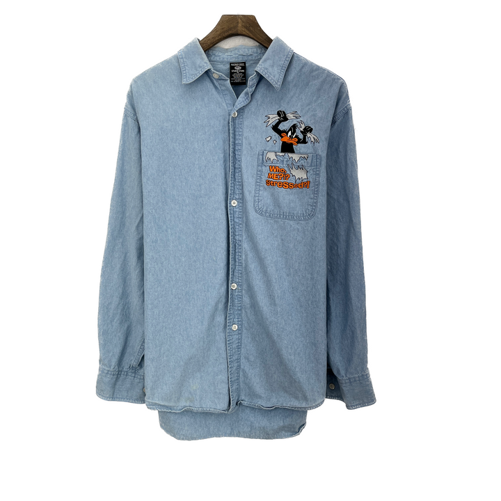 Vintage Who Me Stressed Donald Duck Blue Button Up Denim Shirt Size M