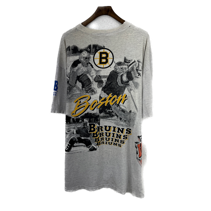 Vintage Boston Bruins NHL Hockey All Over Print Bulletin Gray T-shirt Size XL