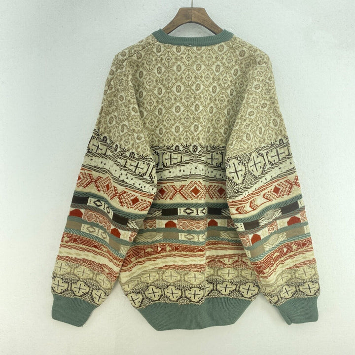Vintage Tribal Multicolor Brown Knit Sweater Size L V-Neck