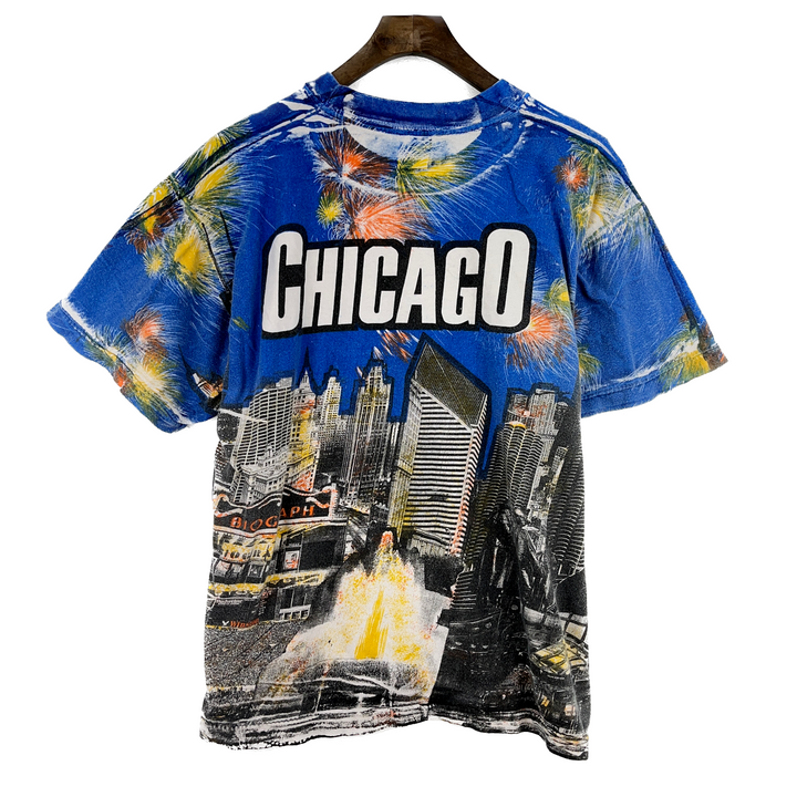Vintage All Over Print Art Chicago Sky Line T-Shirt 90s Fireworks Blue Size L