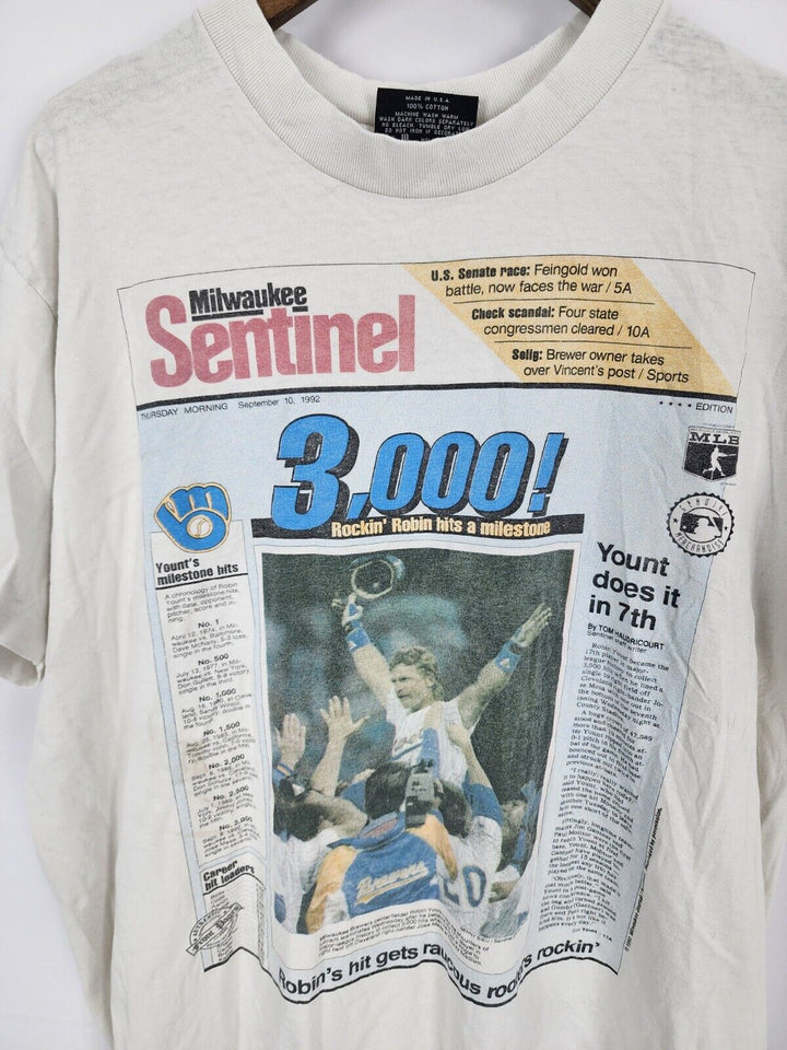 Vintage 90s Milwaukee Brewers Robin Yount 3,000 Journal Sentinel Shirt L