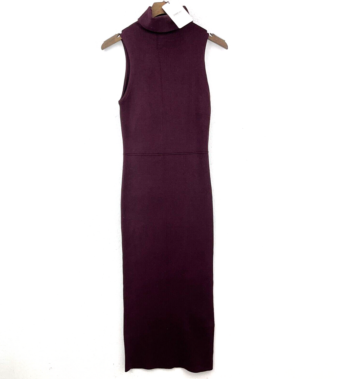 Zara Turtle Neck Sleeveless Knit Fitted Burgundy Midi Dress Size L NWT