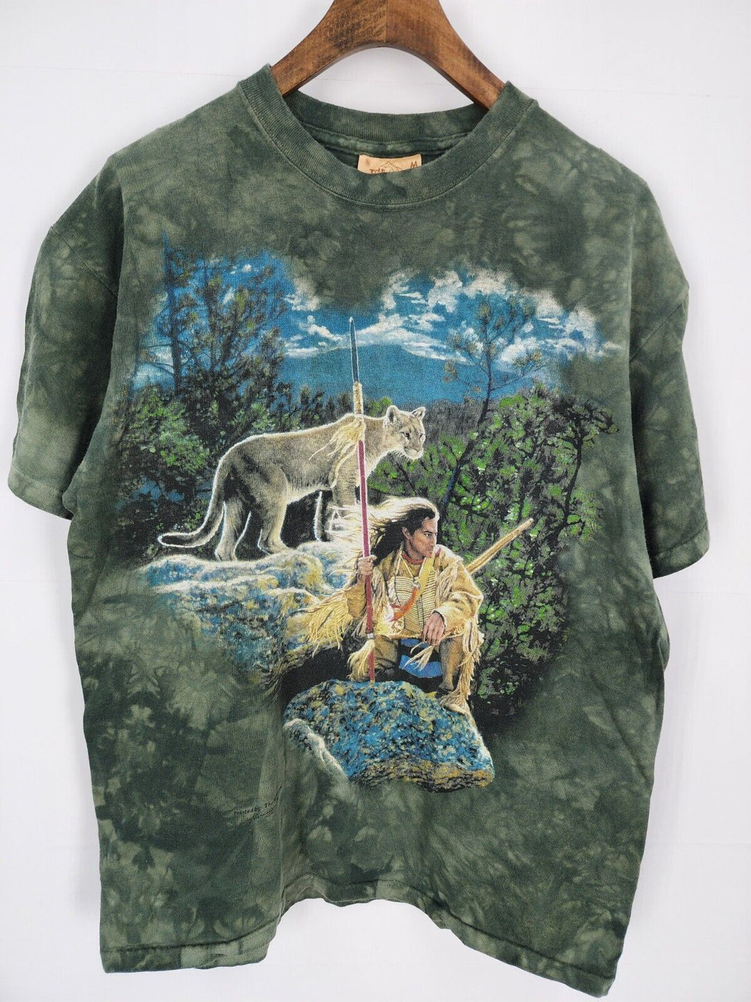 Vintage 90s Native American Mountain Lion Tie Dye Single Stitch Shirt Size M