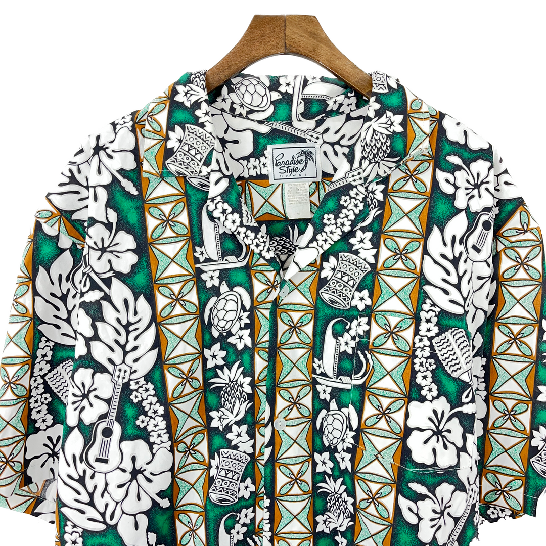 Vintage Hawaiian Floral Print Button up Green Collar Shirt 90s Size XL