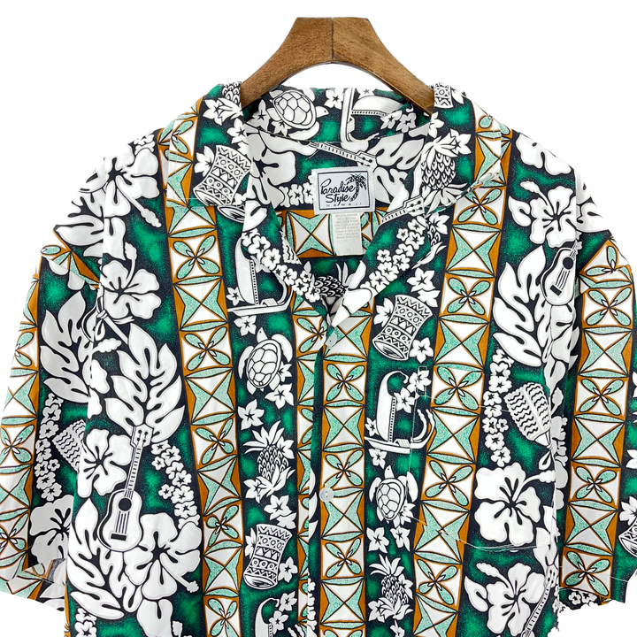 Vintage Hawaiian Floral Print Button up Green Collar Shirt 90s Size XL