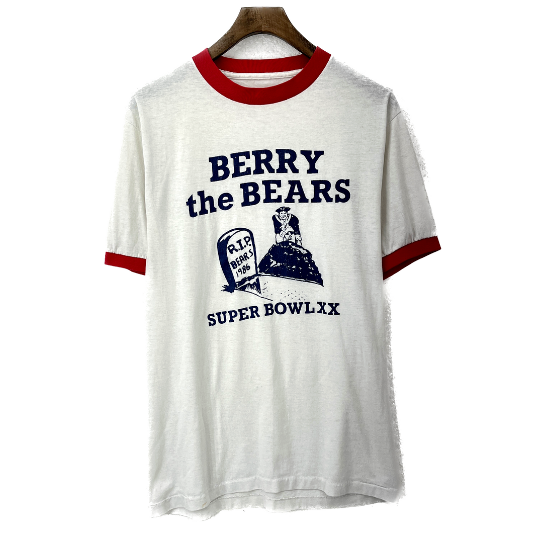 Vintage 1986 New England Patriots Berry The Bear Super Bowl XX White T-shirt S