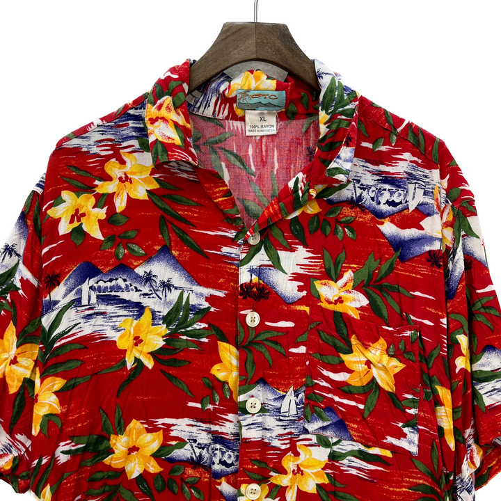 Vintage Hawaii Floral Button Up Red Shirt Size XL Resort
