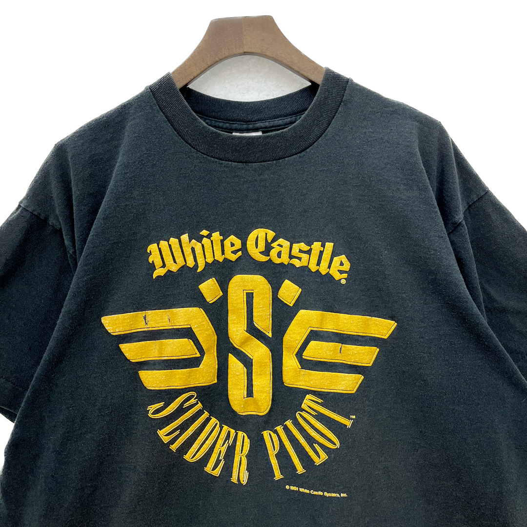 White Castle Burger Slider Pilot Vintage T-shirt Size XL Black Single Stitch 90s