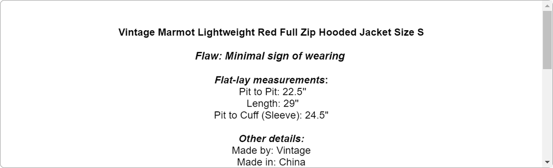 Vintage Marmot Lightweight Red Full Zip Hooded Jacket Size S