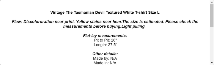 Vintage The Tasmanian Devil Textured White T-shirt Size L