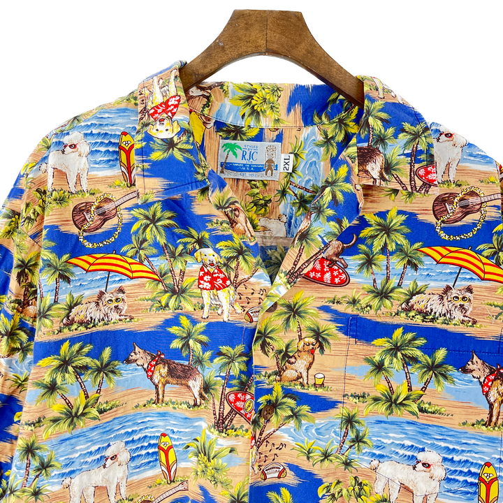 Vintage Hawaiian Tropical Beach Print Collar Button Shirt Made in USA Size 2XL