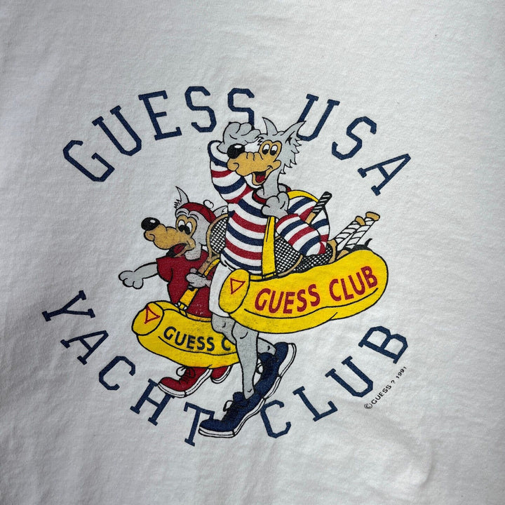 Vintage George Marciano Guess USA Yacht Club White T-shirt Size L Cartoon Print