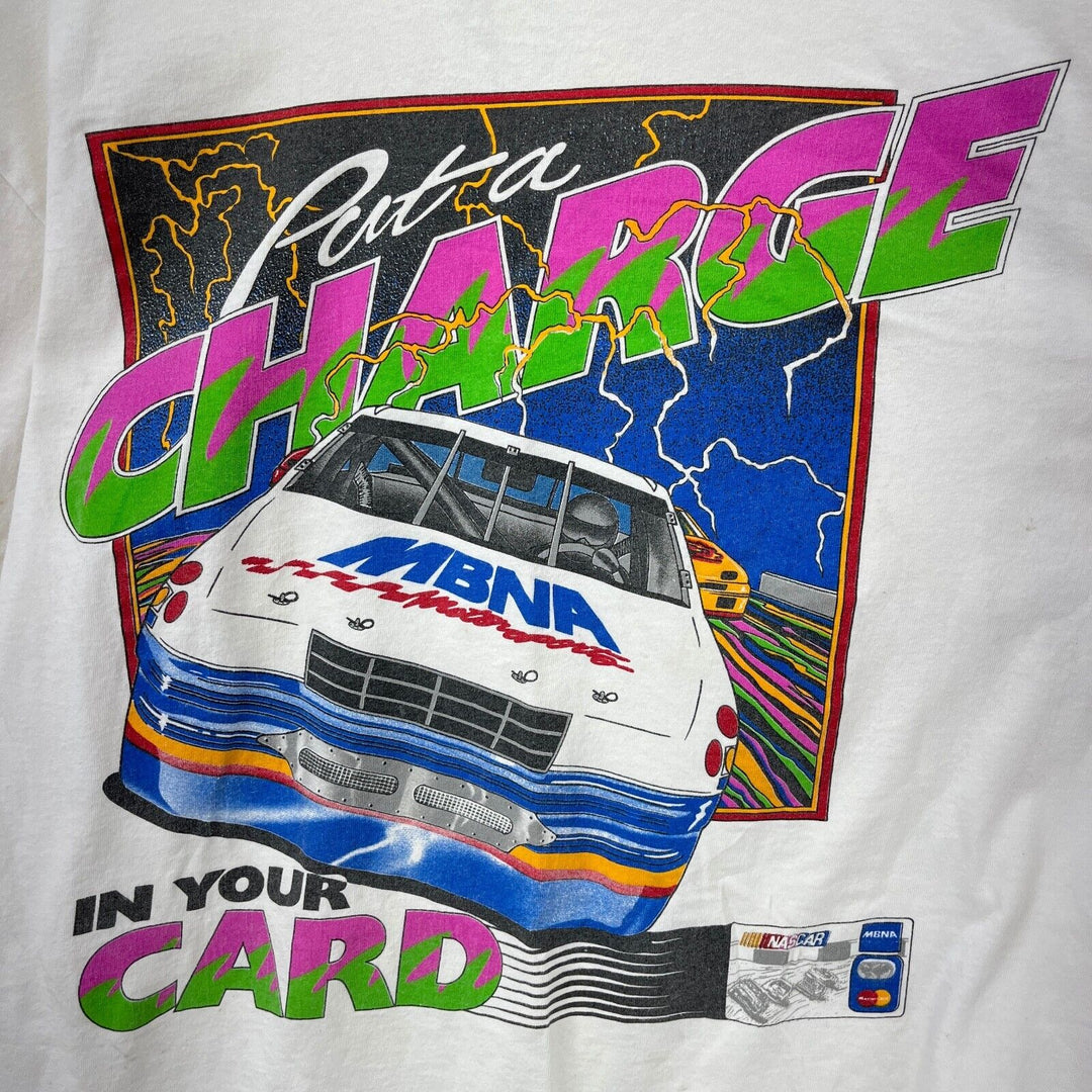 Vintage Put A Charge In your Card MBNA Nascar Racing White T-shirt Size XL