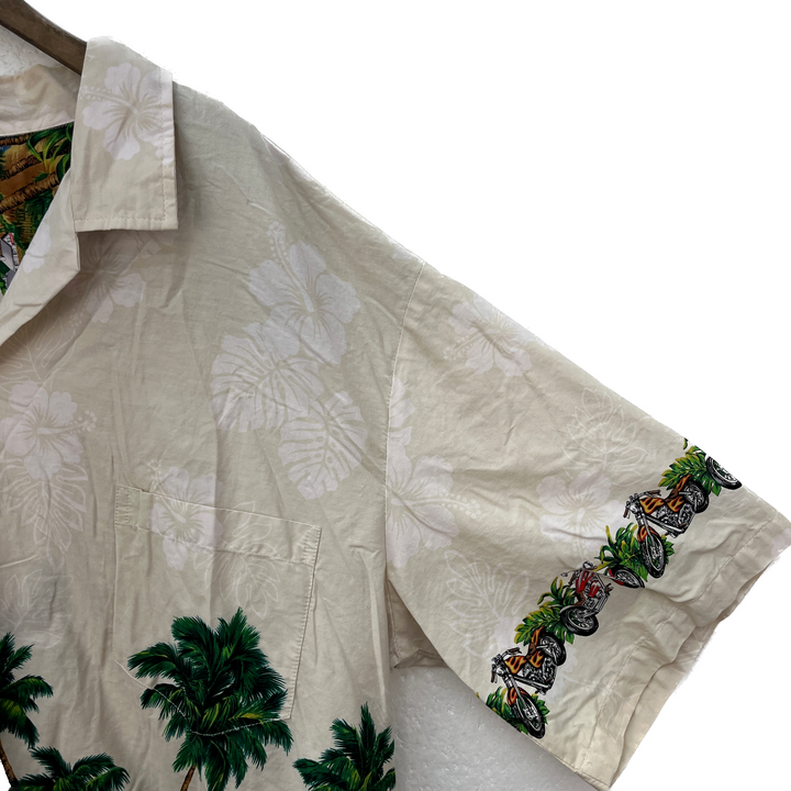 Vintage Hawaii Aloha Floral Biker Motorcycle Button Up Beige Shirt Size 3XL 90s