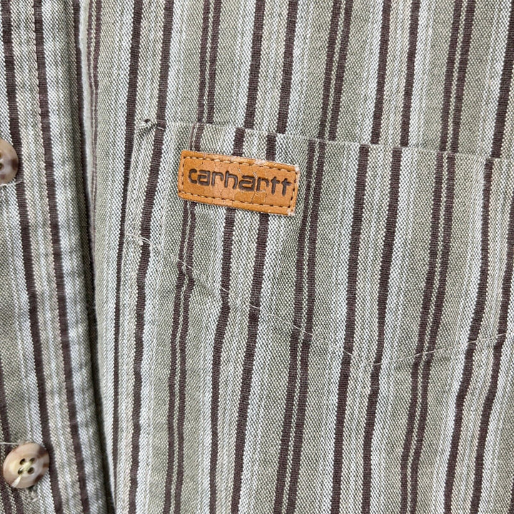 Carharrt Button Down Stripe Single Pocket Workwear Shirt Brown Size XL