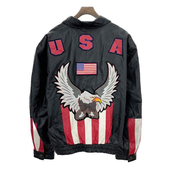 Vintage USA Flag Biker Full Zip Black Leather Jacket Size XL