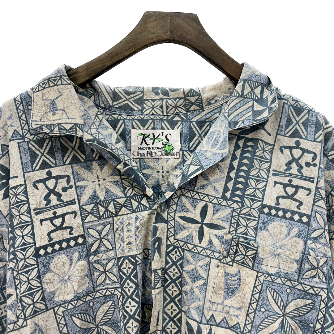 Vintage All Over Print Geometric Button Up Blue Shirt Size XL