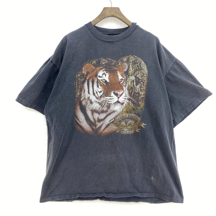 Vintage Goose Brook Trail Gear Tiger Print Black T-shirt Size XL