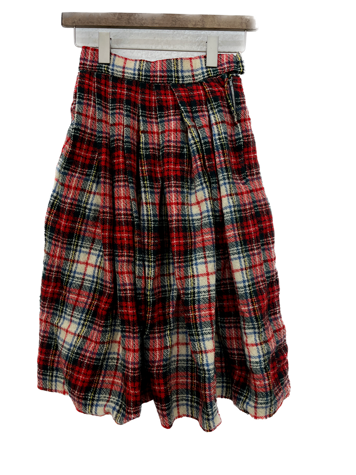 Women's Vintage Checkered Pleated High Waisted Wool Skirt Size S Red 80s