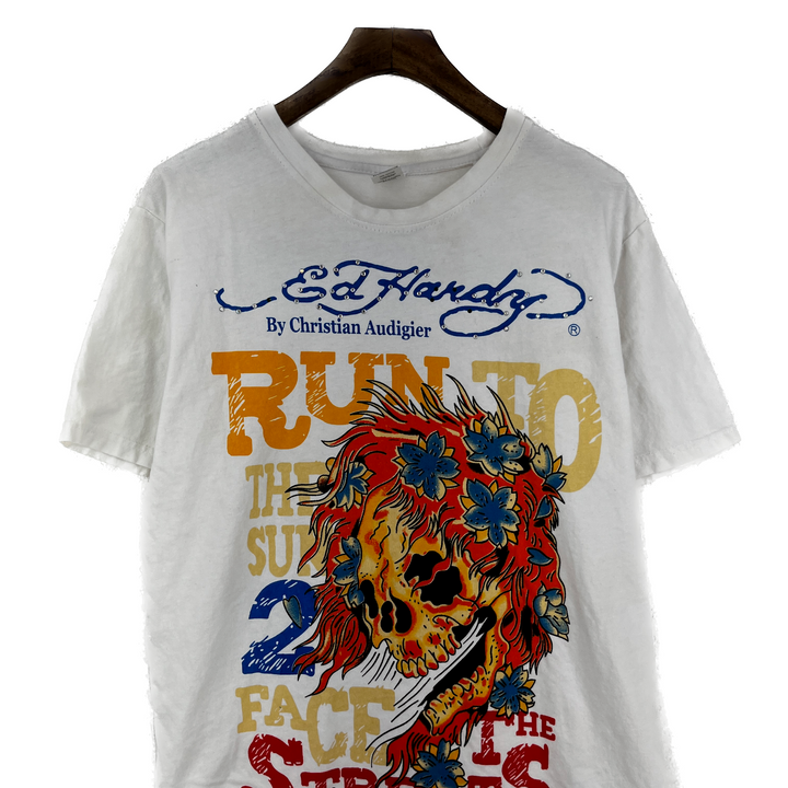 Ed Hardy By Christian Audigier Run To The Sun AOP White T-shirt Size L Y2K