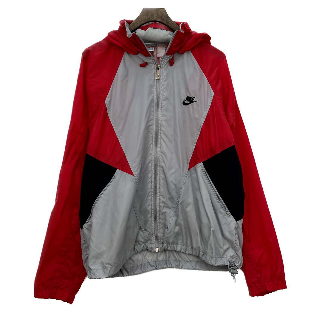 Vintage Nike Swoosh Logo Full Zip Gray Red Hooded Light Jacket Size M