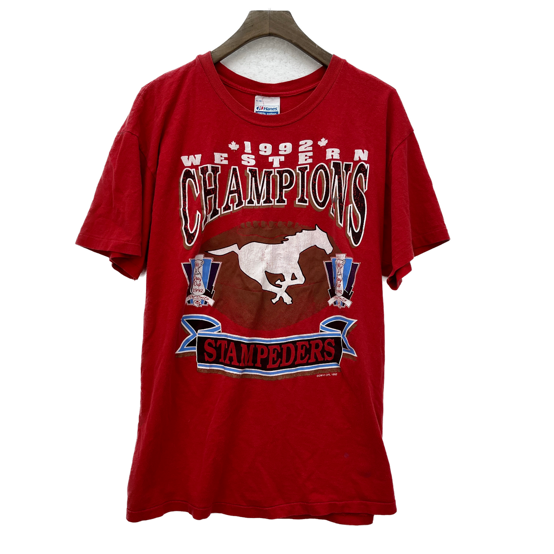 1992 Calgary Stampeders Grey Cup Champs Vintage Football T-shirt Size XL Red CFL