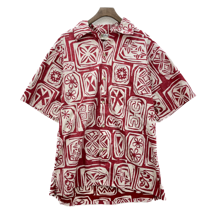 Vintage Button Up Single Pocket Hawaiian Aloha Floral Print Red Shirt Size L